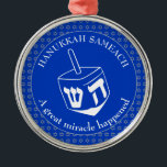 HANUKKAH SAMEACH | Chanukah | Dreidel Metal Ornament<br><div class="desc">Stylish HANUKKAH SAMEACH Ornament with faux silver Star of David in a tiled pattern and a large white dreidel at the centre. The background colour is Cobalt Blue. The text reads HANUKKAH SAMEACH at the top and A GREAT MIRACLE HAPPENED at the bottom. Both are CUSTOMIZABLE if you wish to...</div>