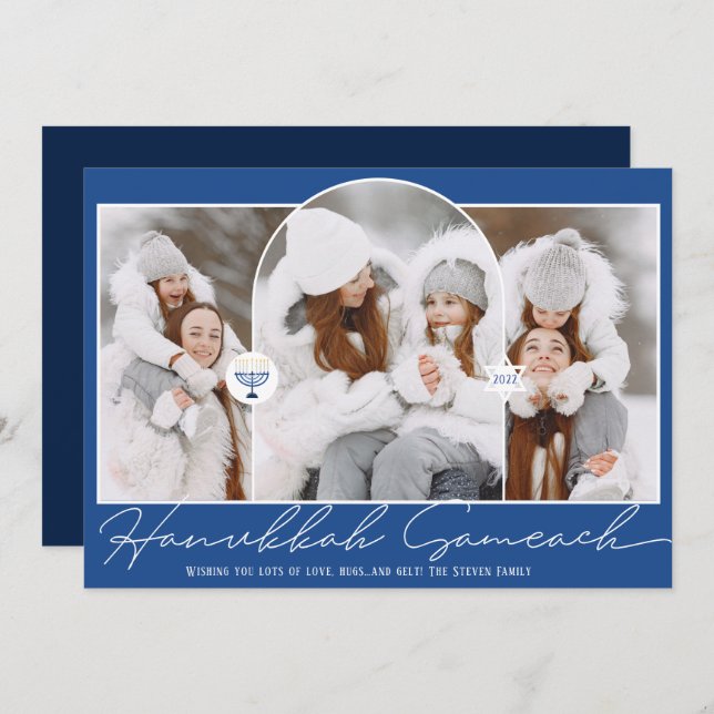 Hanukkah Sameach cool blue script menorah 3 photos Holiday Card (Front/Back)