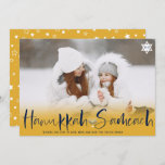 Hanukkah Sameach gold overlay script menorah photo Holiday Card<br><div class="desc">Hanukkah Sameach gold overlay script menorah 1 photo. Happy Hanukkah!</div>