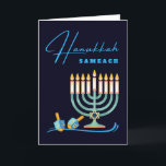Hanukkah Sameach Menorah and Dreidels Card<br><div class="desc">Hanukkah Sameach,  Happy Hanukkah greeting card with a blank interior. Digital illustration with a menorah and two dreidels. Art,  image,  and verse copyright © Shoaff Ballanger Studios,  2022.</div>