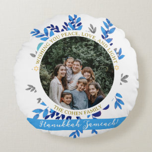Hanukkah Sameach Simple Hanukkah family photo Round Cushion