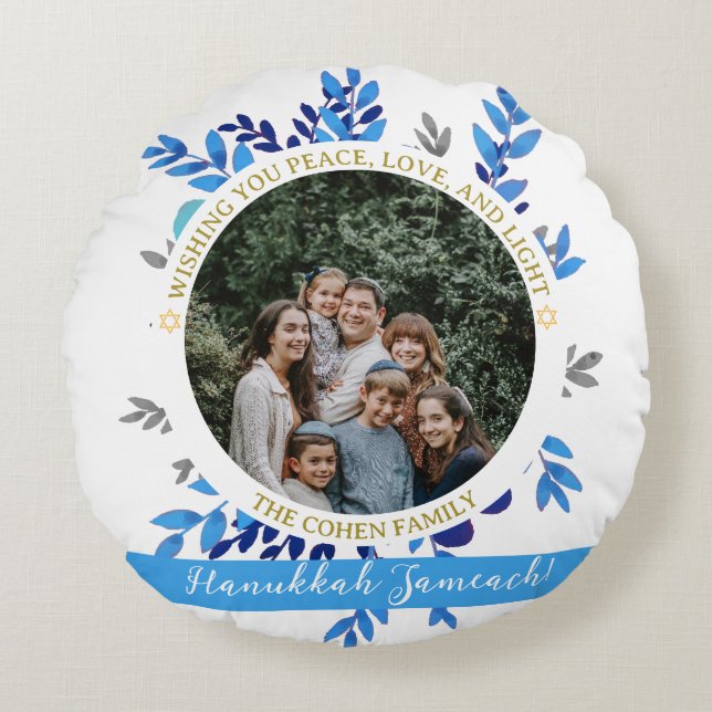 Hanukkah Sameach | Simple Hanukkah family photo Round Cushion (Front)