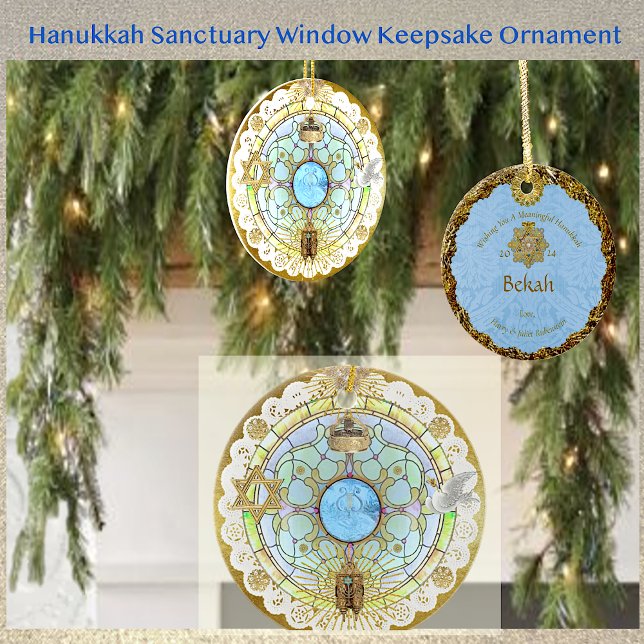 Hanukkah Sanctuary Window Ceramic Ornament (The look of lustrous gold foil accents shines on this lovely ornament depicting symbols of faith.)