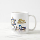 Hanukkah Shalom mug<br><div class="desc">Chanukkah Shalom mug illustration with 3D text and blue and gold Star of David sign of Jewish faith, Shalom.</div>