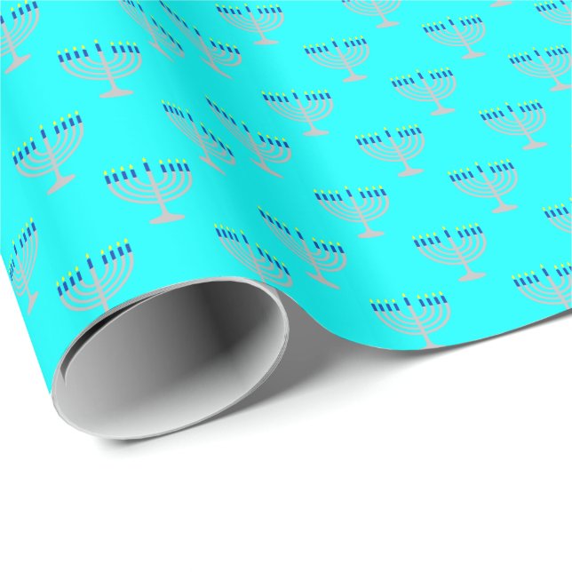 Hanukkah Silver Menorah on Aqua Blue Wrapping Paper (Roll Corner)