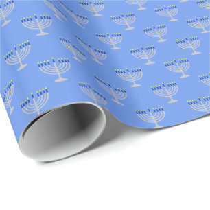 Hanukkah Silver Menorah on Cornflower Blue Wrapping Paper