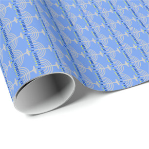 Hanukkah Silver Menorah on Cornflower Blue Wrapping Paper