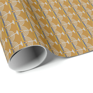 Hanukkah Silver Menorah on Matte Gold Wrapping Paper