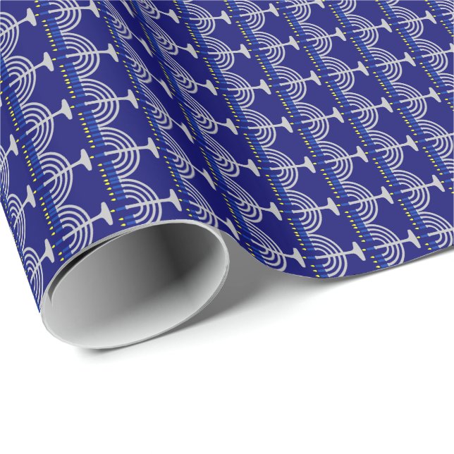 Hanukkah Silver Menorah on Navy Blue Wrapping Paper (Roll Corner)