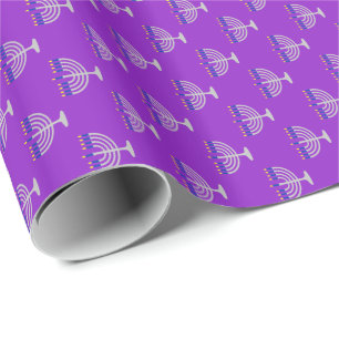 Hanukkah Silver Menorah on Purple Wrapping Paper