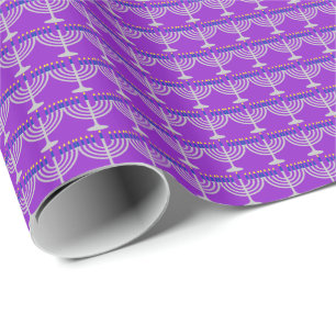 Hanukkah Silver Menorah on Purple Wrapping Paper