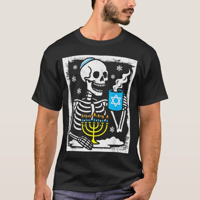 Hanukkah Skeleton Coffee Dreidel Jewish Menorah Ch T-Shirt (Front)