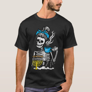 Hanukkah Skeleton Messy Bun Coffee Chanukah Women T-Shirt