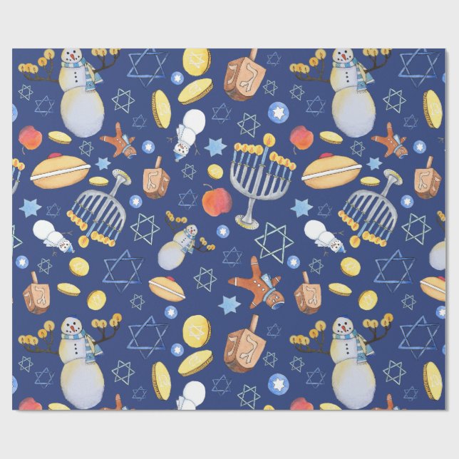 Hanukkah Snowman and Menorah Wrapping paper (Flat)