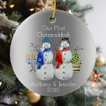 Hanukkah Snowman Christmas Our First Chrismukkah 2 Ceramic Ornament<br><div class="desc">This design was created though digital art. It may be personalised in the area provided or customising by changing the photo or added your own words. Contact me at colorflowcreations@gmail.com if you with to have this design on another product. Purchase my original abstract acrylic painting for sale at www.etsy.com/shop/colorflowart. See...</div>