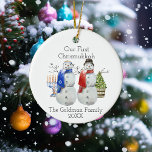 Hanukkah Snowman Christmas Our First Chrismukkah Ceramic Ornament<br><div class="desc">This design may be personalised in the area provided by changing the photo and/or text. Or it can be customised by clicking Personalise this Template and then choosing the click to customise further option and delete or change the colour of the background, add text, change the text colour or style,...</div>