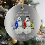 Hanukkah Snowman Christmas Our First Chrismukkah Ceramic Ornament<br><div class="desc">This design may be personalised in the area provided by changing the photo and/or text. Or it can be customised by clicking Personalise this Template and then choosing the click to customise further option and delete or change the colour of the background, add text, change the text colour or style,...</div>