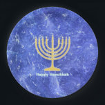 Hanukkah Snowstorm Menorah Paper Plate<br><div class="desc">For your Chanukkah party. A glowing gold Hanukkah menorah and "Happy Hanukkah" in glowing blue and white text superimposed on a blue and white fractal image reminiscent of snowflakes in a storm. Chag Sameach!</div>