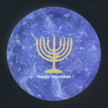 Hanukkah Snowstorm Menorah Paper Plate<br><div class="desc">For your Chanukkah party. A glowing gold Hanukkah menorah and "Happy Hanukkah" in glowing blue and white text superimposed on a blue and white fractal image reminiscent of snowflakes in a storm. Chag Sameach!</div>