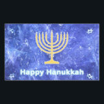 Hanukkah Snowstorm Menorah Rectangular Sticker<br><div class="desc">A glowing gold Hanukkah menorah and "Happy Hanukkah" in glowing blue and white text superimposed on a blue and white fractal image reminiscent of snowflakes in a storm. Chag Sameach!</div>