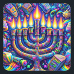 Hanukkah  square sticker<br><div class="desc">AI generated Hanukkah design that is festive and colourful
Celebrate Hanukkah in a whirl of colours and lights,  where a menorah's glow meets the playful dance of dreidels,  all set in a universe of psychedelic wonder. 🌈🕎✨</div>