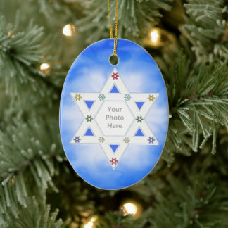 Hanukkah Star and Snowflakes Blue for Photo Ceramic Ornament