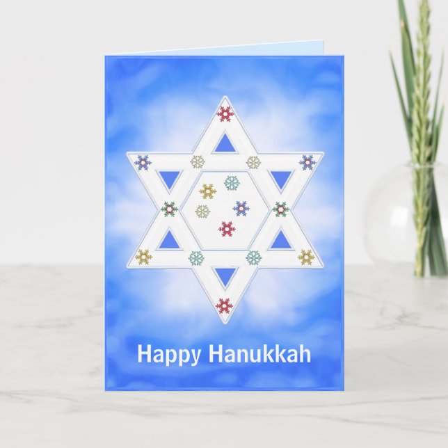 Hanukkah Star and Snowflakes Blue Holiday Card (Front)