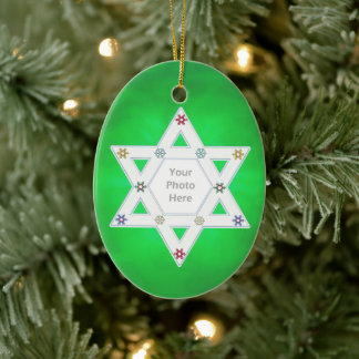 Hanukkah Star and Snowflakes Green for Photo Ceramic Ornament