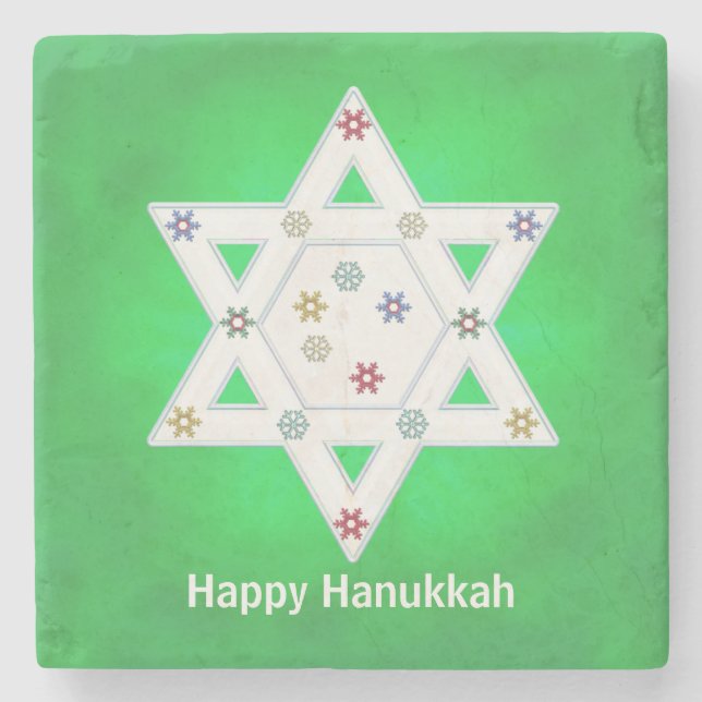 Hanukkah Star and Snowflakes Green Stone Coaster (Front)
