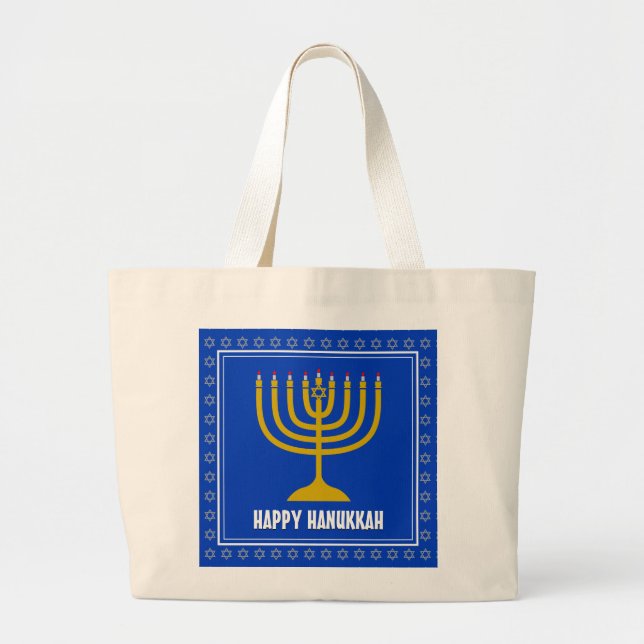 HANUKKAH Star David Menorah Personalised BLUE Large Tote Bag (Front)