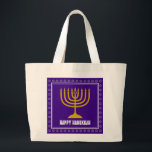 HANUKKAH Star David Menorah Personalised Purple Large Tote Bag<br><div class="desc">Stylish tote bag with gold coloured menorah and silver coloured Star of David on a royal rich PURPLE background. The greeting HAPPY HANUKKAH is customisable so you can add your name or change the greeting. Other matching items are available in the HANUKKAH Collection by Berean Designs, so you can create...</div>