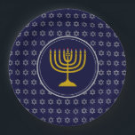 HANUKKAH Star of David Menorah Blue Silver Paper Plate<br><div class="desc">Celebrate your faith loud and proud during the HANUKKAH season with this stylish blue and silver grey party plate. The design shows a gold coloured menorah at the centre, set against a silver grey Star of David pattern with midnight blue background.This plate is suitable for any Jewish-themed event, whether planned...</div>