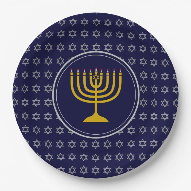 HANUKKAH Star of David Menorah Blue Silver Paper Plate (Front)