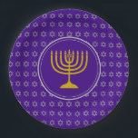 HANUKKAH Star of David Menorah Purple Silver Paper Plate<br><div class="desc">Celebrate your faith loud and proud during the HANUKKAH season with this stylish purple and silver grey party plate. The design shows a gold coloured menorah at the centre, set against a silver grey Star of David pattern with royal purple background.This plate is suitable for any Jewish-themed event, whether planned...</div>