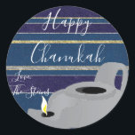 Hanukkah Stickers (1 1/2"/3")"Oil Lamp Gold/Silver<br><div class="desc">Hanukkah/Holiday stickers, personalise. "Oil Lamp Gold/Silver" Choose from 1 1/2" and 3" stickers. Personalise by deleting and replacing text with your own message. Choose your favourite font size, style, and colour. Thanks for stopping and shopping by! Your business is very much appreciated! Happy Hanukkah! Shape: Classic Round Sticker Make your...</div>