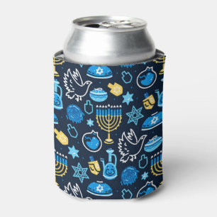 Hanukkah Symbols Blue Pattern Can Cooler