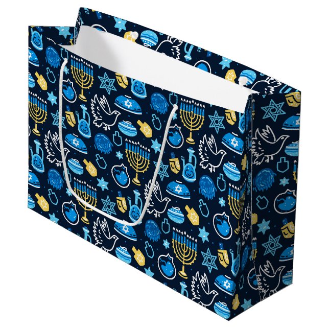 Hanukkah Symbols Blue Pattern Large Gift Bag (Front Angled)