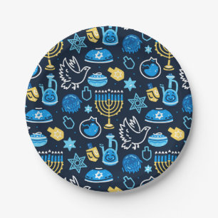 Hanukkah Symbols Blue Pattern Paper Plate