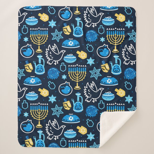 Hanukkah Symbols Blue Pattern Sherpa Blanket (Front)