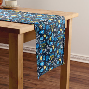 Hanukkah Symbols Blue Pattern Short Table Runner