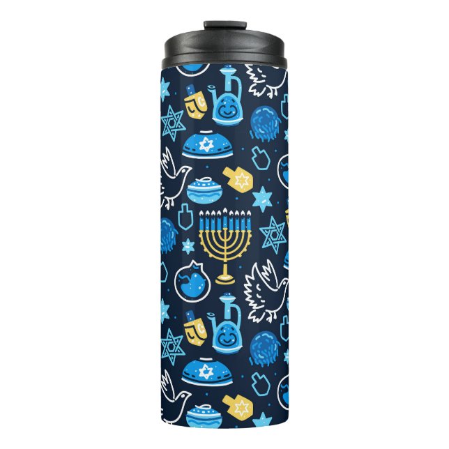 Hanukkah Symbols Blue Pattern Thermal Tumbler (Front)