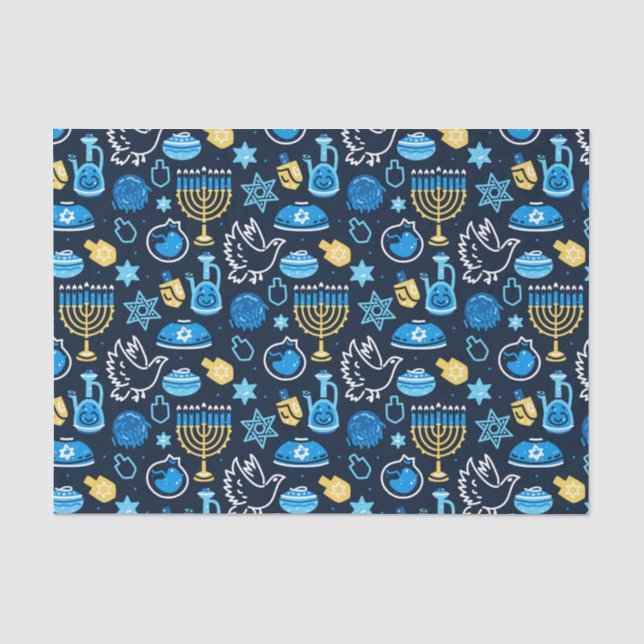 Hanukkah Symbols Blue Pattern Tissue Paper (Front)