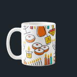 Hanukkah Symbols: Jewish Holiday Pattern. Coffee Mug<br><div class="desc">Hanukkah seamless pattern. Jewish Holiday Hanukkah symbol. Menorah (candlestick), candles, doughnuts (sufganiyan), gifts, dreidel, coins, oil. Happy Hannukah in Hebrew. Vintage illustration Hanukkah symbols in a lovely vintage pattern. Hanukkah symbols in a vintage illustration. hanukkah, chanukah, hanukka, pattern, hannukah, hanuka, chanuka, background, doughnut, white, illustration, seamless, paper, texture, chanukkah, light,...</div>