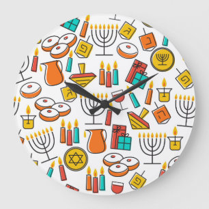 Hanukkah Symbols: Jewish Holiday Pattern. Large Clock