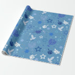 Hanukkah Symbols Wrapping Paper<br><div class="desc">This design features Hanukkah symbols such as Menorah,  Stars,  birds in a blue background. It is perfect for Jewish for the Hanukkah celebration.</div>