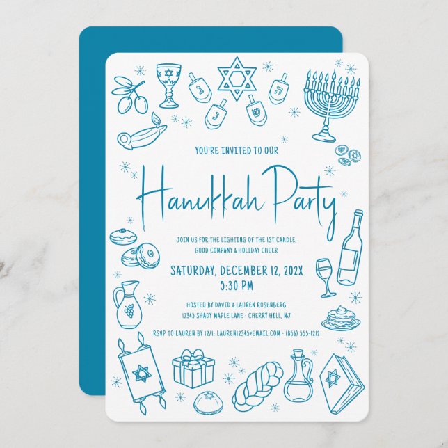Hanukkah Teal Hand Drawn Doodles Whimsical Playful Invitation (Front/Back)