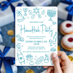 Hanukkah Teal Hand Drawn Doodles Whimsical Playful Invitation