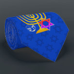 HANUKKAH TIE<br><div class="desc">Elegant,  stylish mid blue HANUKKAH Neck Tie,  designed with faux gold menorah,  colourful Star of David and silver coloured dreidel plus OPTIONAL MONOGRAM (appears underneath in faux gold serif font). There is a subtle tiled pattern of the Star of David in the background. Available in midnight blue with monogram.</div>