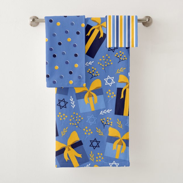 Hanukkah Towel Set Blue & Yellow Star of David (Insitu)
