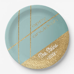 Hanukkah Turquoise and Gold Paper Plates 